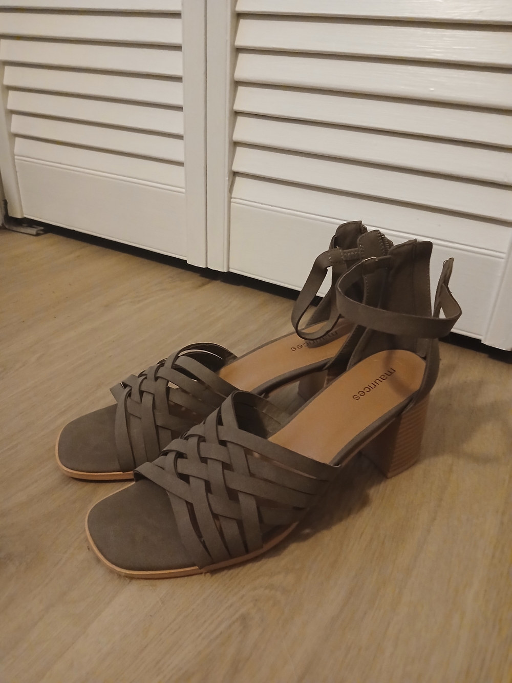 Taupe Braided Ankle-Strap Square Toe Block Heels